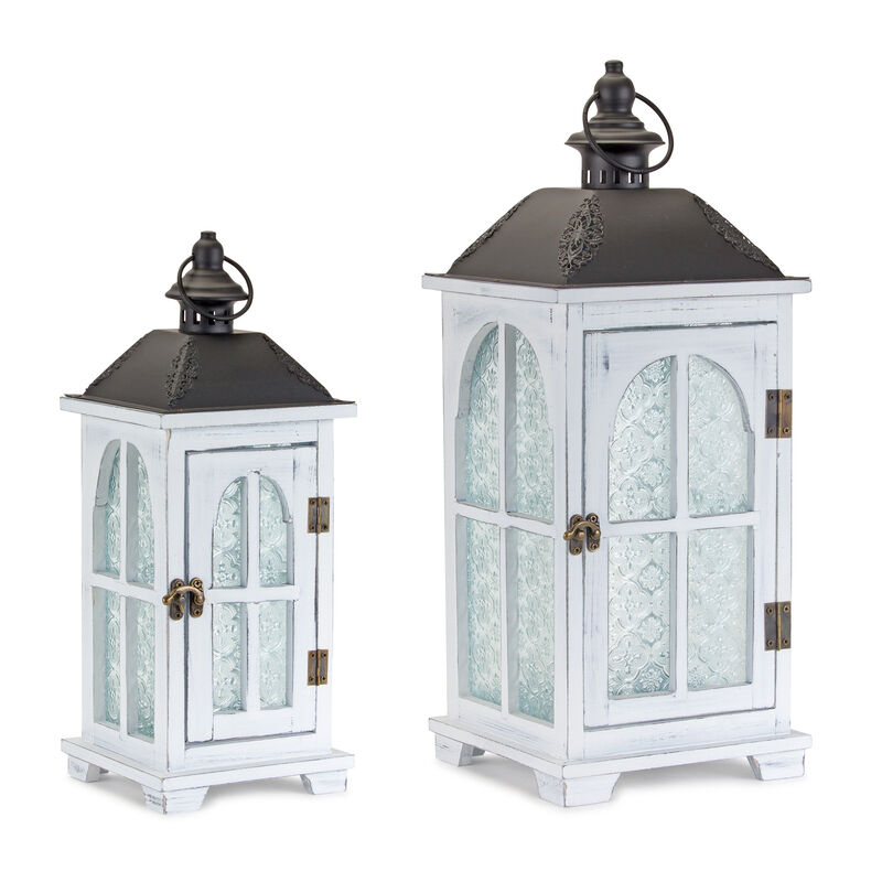 HomeRoots Set of Two White And Black Distressed Ornate Glass Wood And Metal Floor Lantern Candle Holders image number 2