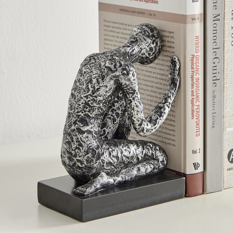 Danya B. Kneeling Figure Sculptures Polyresin Silver and Black Finish Bookend Set of 2