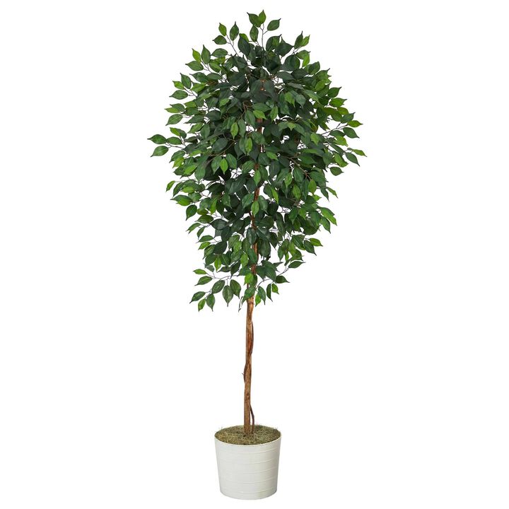 Nearly Natural 6-ft Ficus Artificial Tree in White Tin Planter