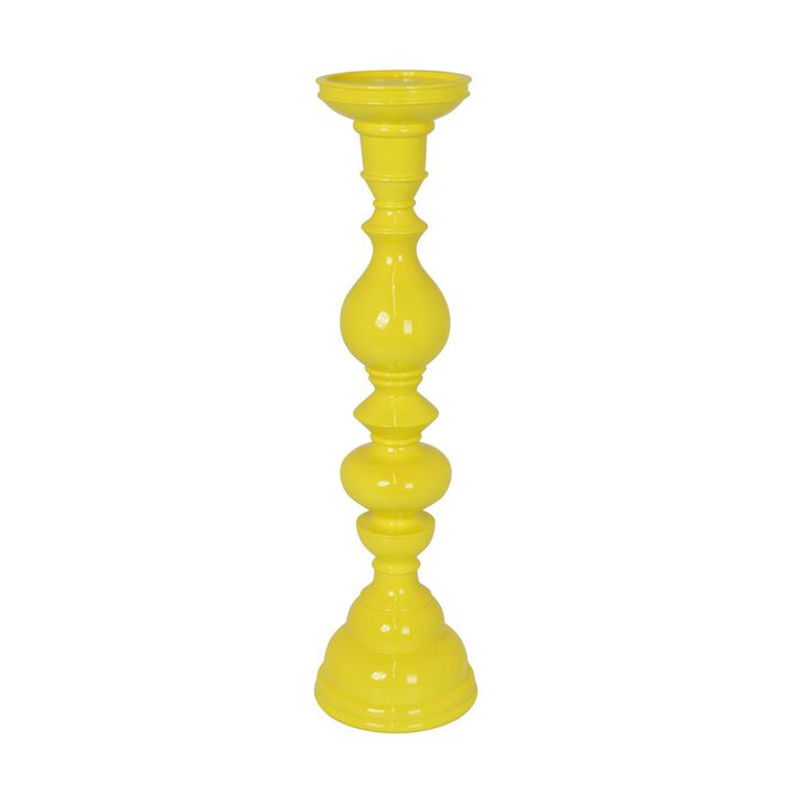 Naze Tabletop Candle Holder with Turned Accents, 23 Inch Yellow Resin - Benzara
