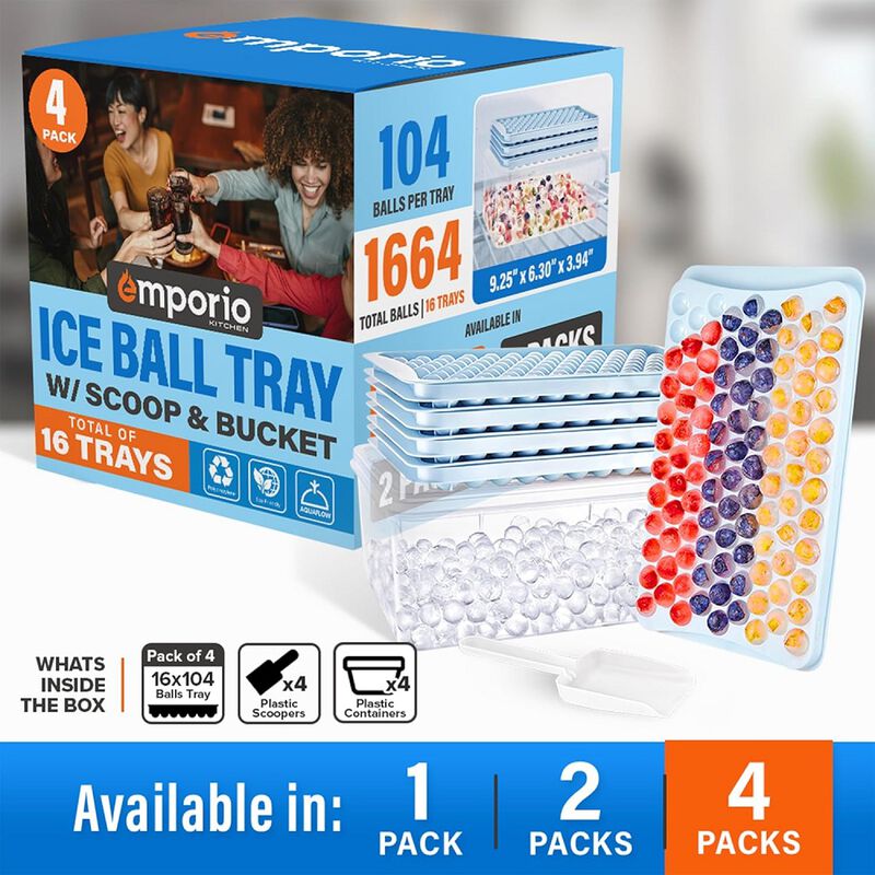 Round Ice Cube Tray with Lid and Bin &ndash; Creates 1664 Ice Balls (0.60 Inch Size), Stackable Ice Cube Trays, Easy-Release Ice Balls for Drinks and Cocktails, Pack of 4 (16 Trays), Blue