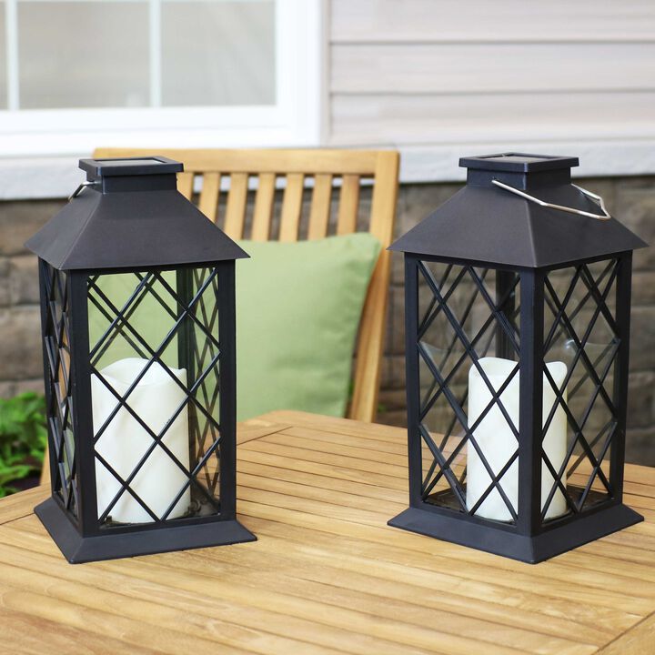 Sunnydaze Concord Outdoor Solar Candle Lantern - 11 in - Black - Set of 2