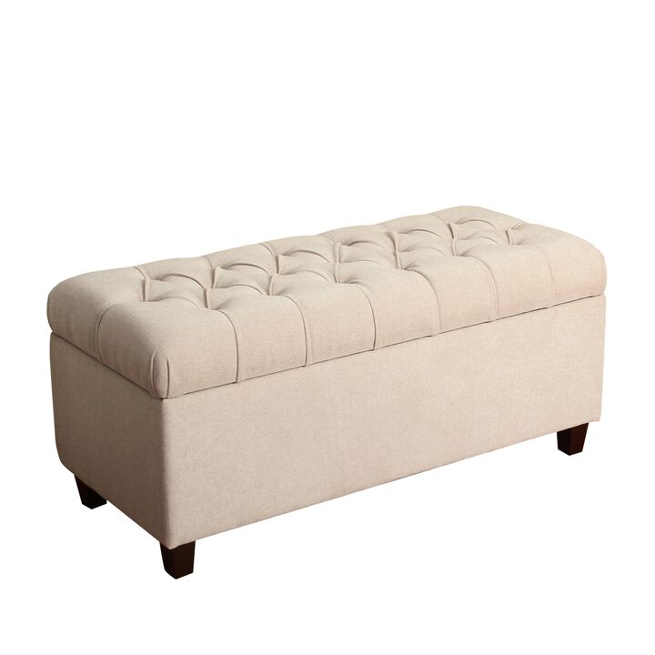 Fabric Upholstered Button Tufted Wooden Bench With Hinged Storage, Cream and Brown - Benzara
