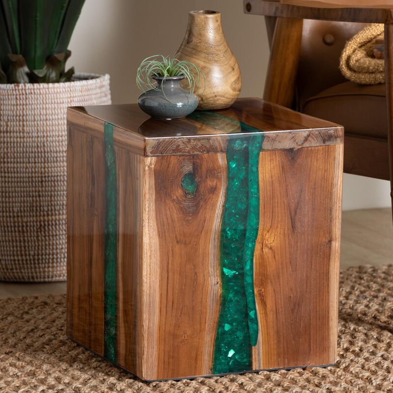 bali & pari Anan Teak Wood Epoxy Resin End Table - Live Edge Cube Side Table, Handcrafted Modern Rustic Accent Table for Living Room or Bedroom, Cube