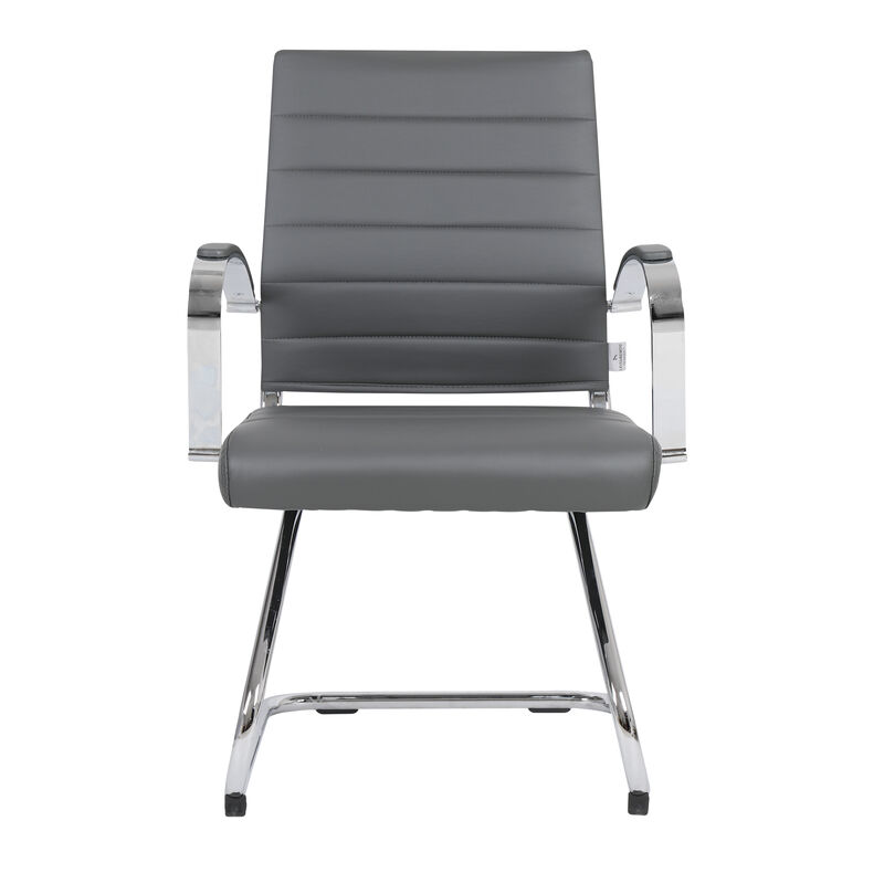 LeisureMod Benmar Guest Office Chair, Ribbed Leather Upholstery with Chrome Arms and Sled Base, Modern Desk Seating for Home or Conference Room