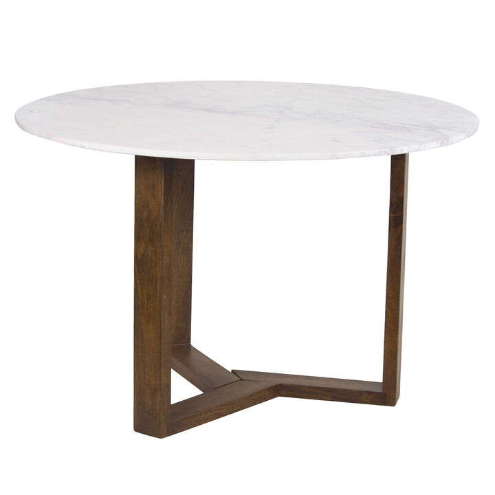 Fina Dining Table, 48 Inch Round White Genuine Marble Top, Natural Brown Mango Wood 3 Leg Sled Base
