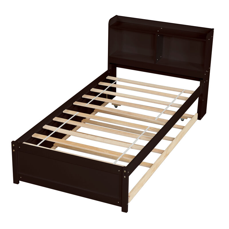Whisen Twin Storage Bed with Pull-Out Trundle and Integrated Bookcase Headboard image number 3