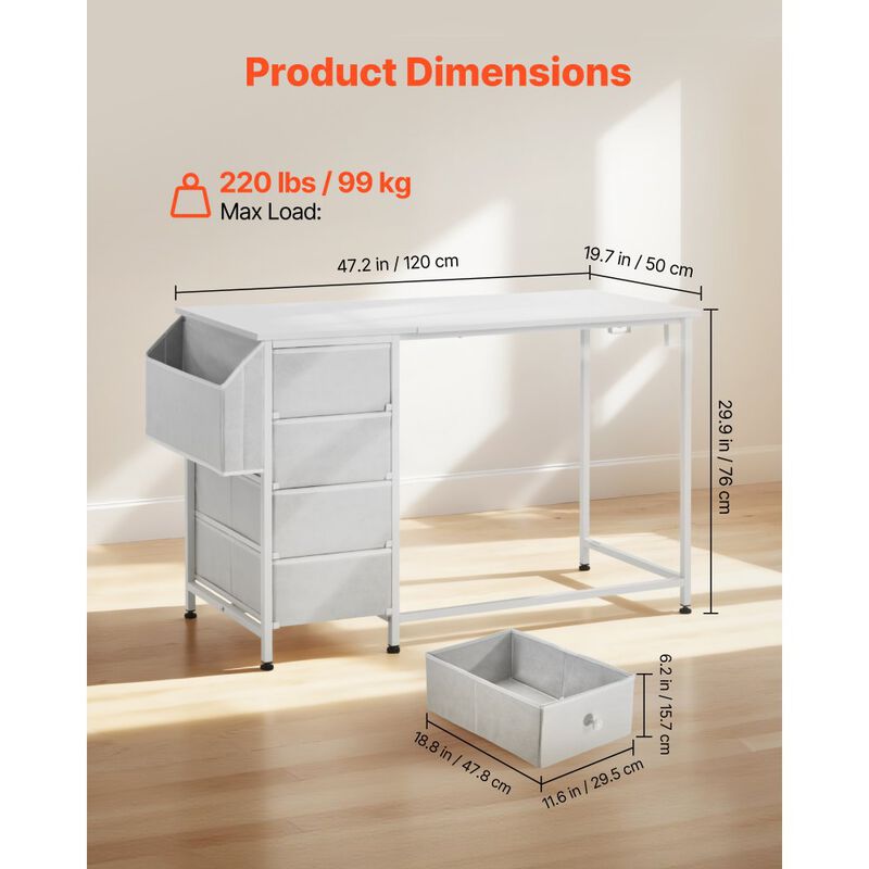 Writing Desk with Fabric Storage Drawers, Reversible Computer Table with Steel Frame-White image number 2