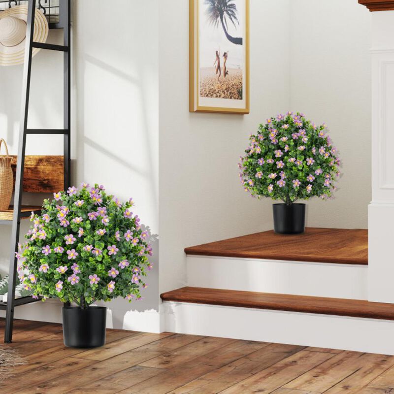 Hivvago 2 Pack Artificial Boxwood Topiary Ball Tree Faux Shrub Bushes with Flowers