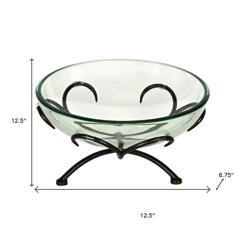 HomeRoots 13" Clear And Black Glass And Metal Round Decorative Bowl With Stand image number 6