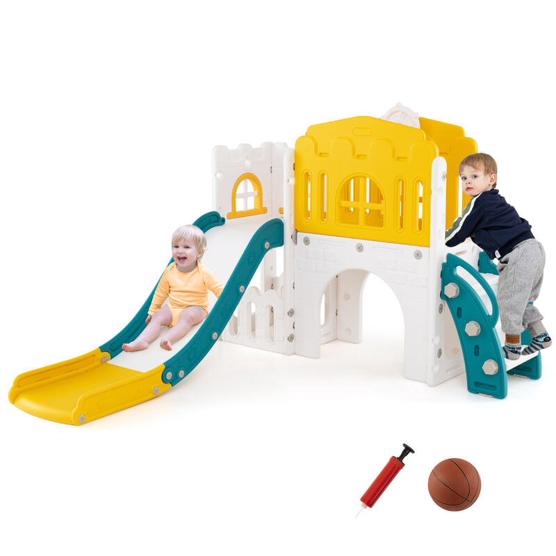 L-Shaped 9 in 1 Toddler Slide with Basketball Hoop and Steering Wheel for Kids image number 3