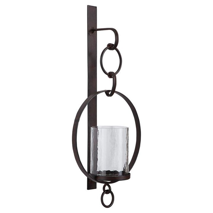 Metal Wall Sconce with Glass Hurricane and Chain Design Holder, Black-Benzara