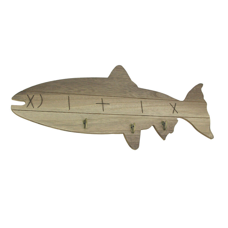 Distressed Wooden Fish Shaped 3 Hook Hanging Wall Rack 27.5 Inches Long image number 0