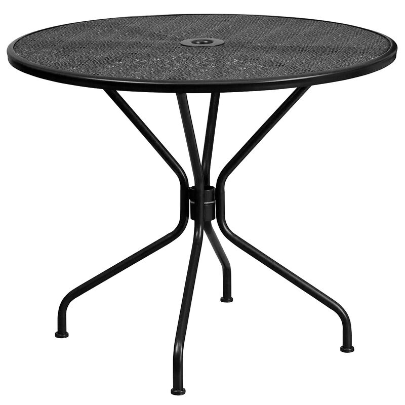 Flash Furniture Commercial Grade 35.25" Round Black Indoor-Outdoor Steel Patio Table Set with 2 Square Back Chairs