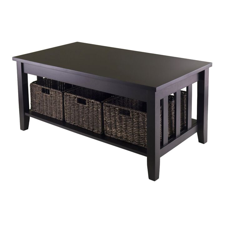 Hivvago Mission Style Dark Wood Coffee Table with 3-Folding Storage Baskets