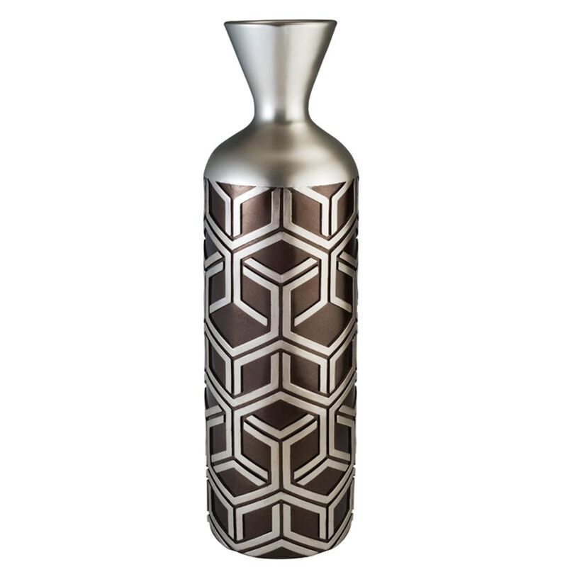 Hivvago 22 Inch Brown and Silver Geometric Cylinder Polyresin Floor Vase
