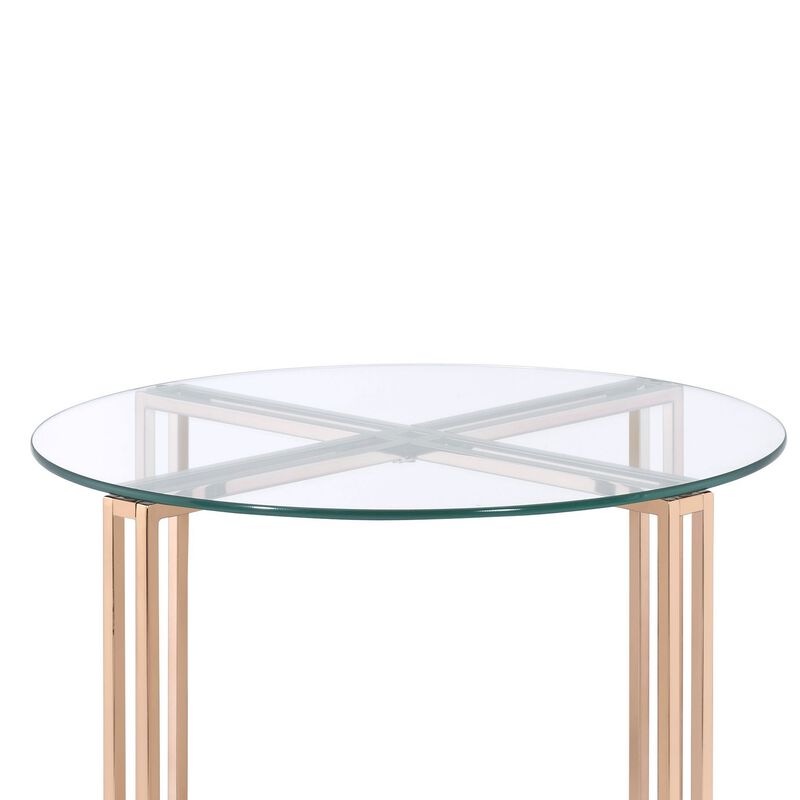 End Table with X Shaped Metal Base and Round Glass Top, Gold-Benzara