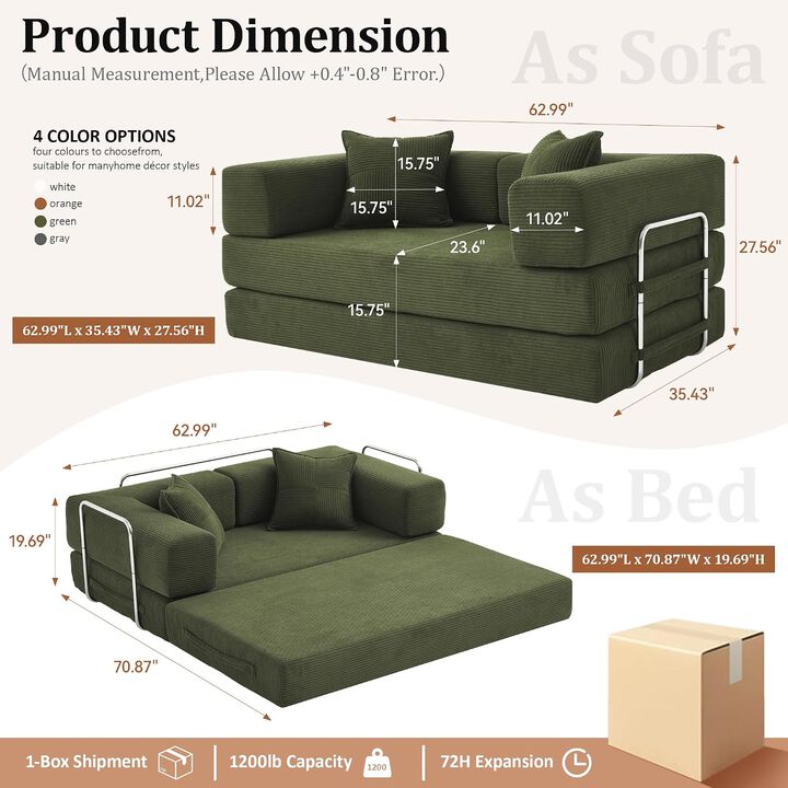 Vipbear 5-in-1 Convertible Sleeper Sofa Bed, Corduroy Boneless Couch with Fixed Frame, Living Room