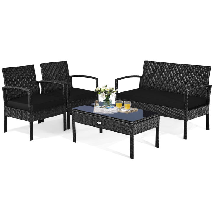 4-Piece Patio Rattan Cushioned Furniture Set, Comfortable Outdoor Seating