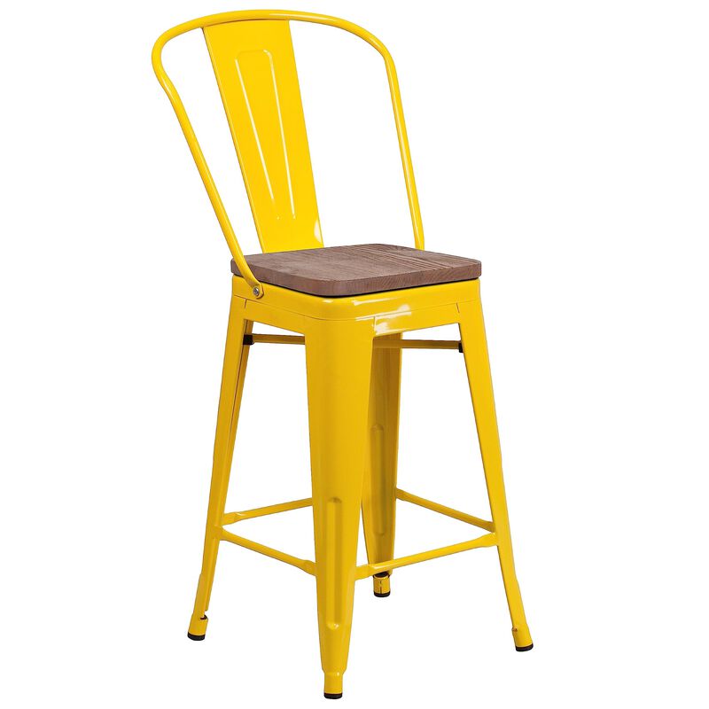 Flash Furniture Lily 24" High Yellow Metal Counter Height Stool with Back and Wood Seat