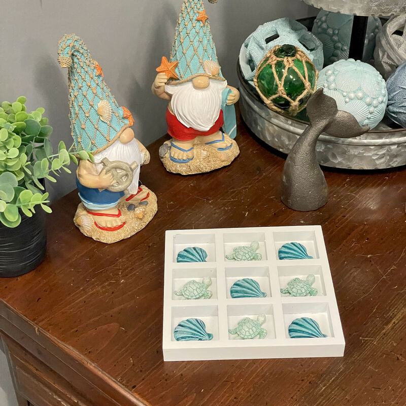 Coastal Shell & Sea Turtle Tic Tac Toe Table Accent Decor - 7 inch White Wood image number 5