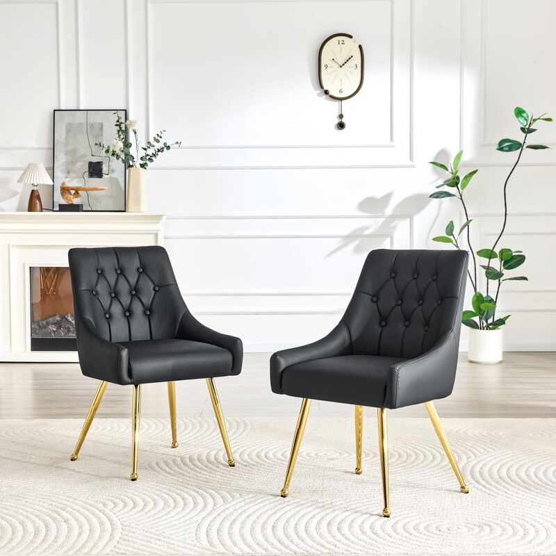 Set of 2 Faux Leather Dining Chairs Diamond Tufted Open Back Side Chairs with Metal Handle Spring and Foam Cushioned Accent Chairs image number 1
