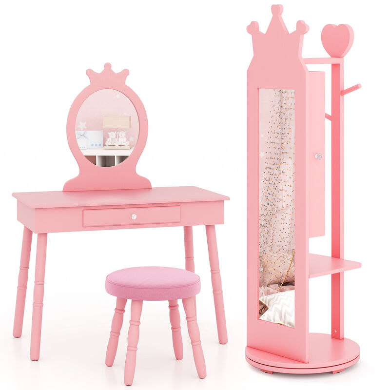 Kids Room Furniture Set Princess Vanity Table and Stool Set with Mirror and Drawer