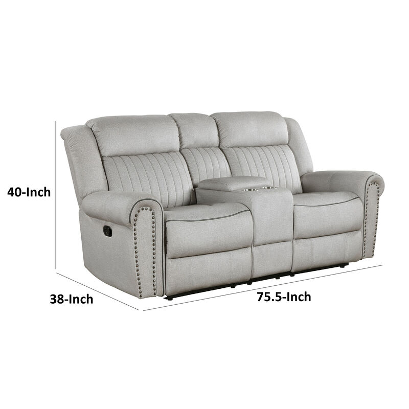 Ben Manual Reclining Loveseat, 76 Inch, Gray Microfiber, Nailhead Trim - Benzara