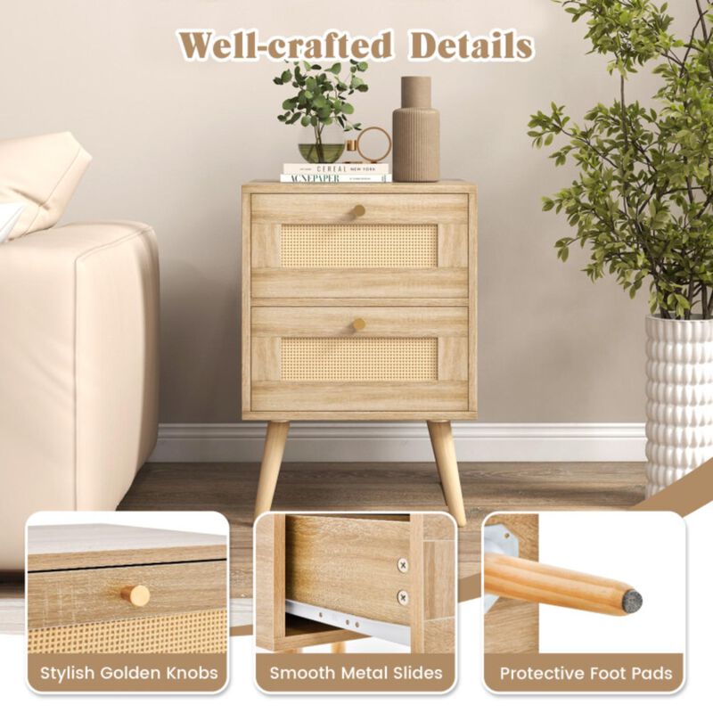 Hivvago Rattan Nightstand Boho Accent Bedside Table with 2 Storage Drawers image number 3