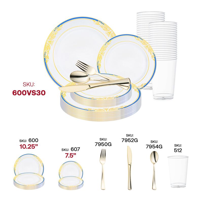 White with Blue and Gold Harmony Rim Plastic Wedding Value Set (30 Sets) image number 5