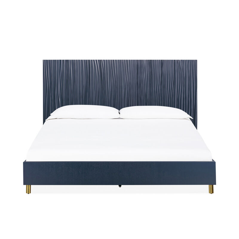 Herst Modern Queen Bed, Brass Metal Legs, Wavy Textured Navy Blue Headboard - Benzara