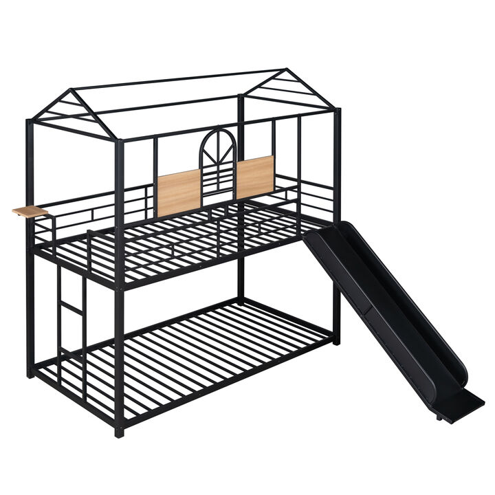 Twin Over Twin Metal Bunk Bed, Metal House Bed With Slide, Three Colors Available.(Black with Black Slide)