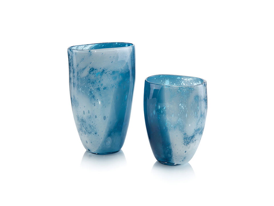 Set Of Two Skies Of Blue And Clouds Of White Glass Vases
