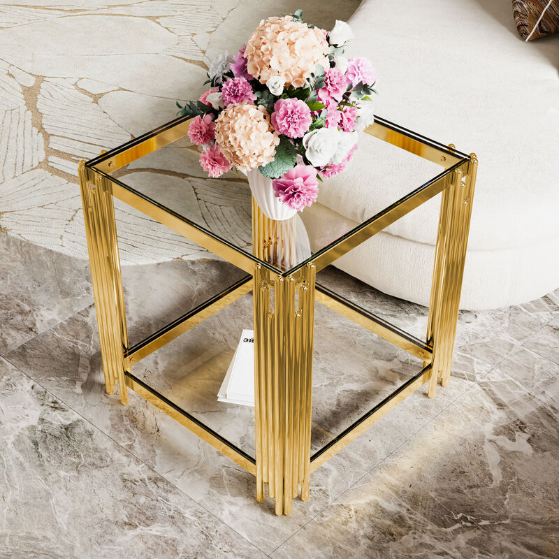 Merax Modern Mirror End Table Asymmetrical Metal Frame with Lower Shelf image number 2