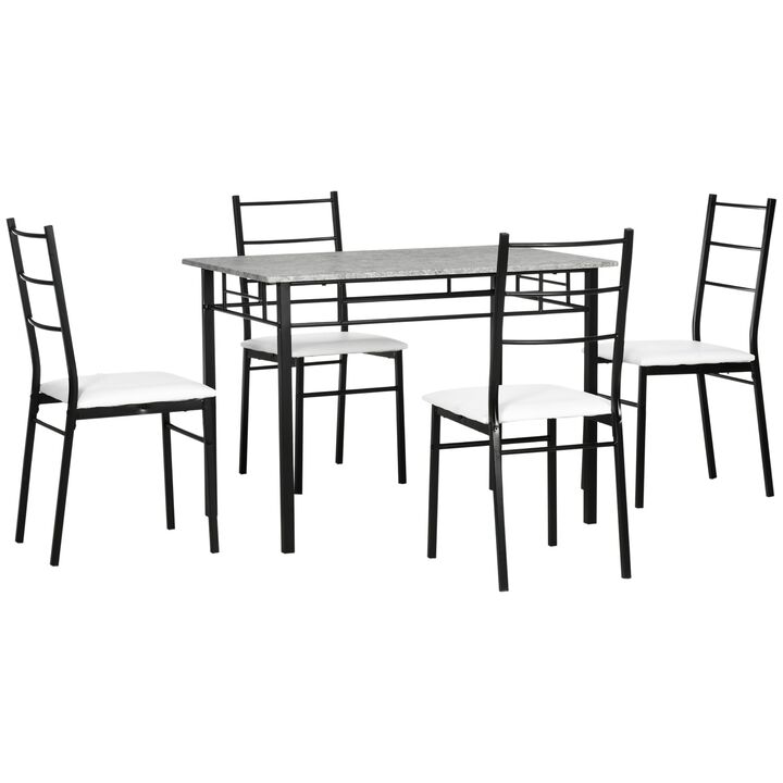 Kitchen Table and Chairs for 4, Modern Dining Table Set with Padded Sponge Cushion Chairs and Marble Textured Dining Table, Light Grey/Black