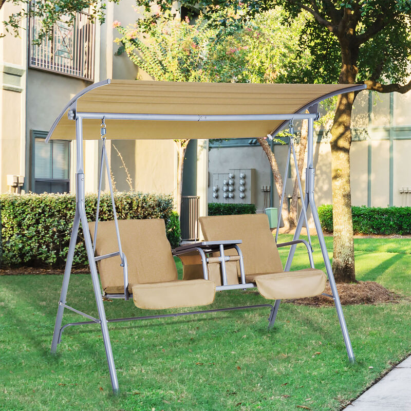 Outsunny 2 Person Porch Swing with Stand, Outdoor Swing with Canopy, Pivot Storage Table, 2 Cup Holders, Cushions for Patio, Backyard, Beige