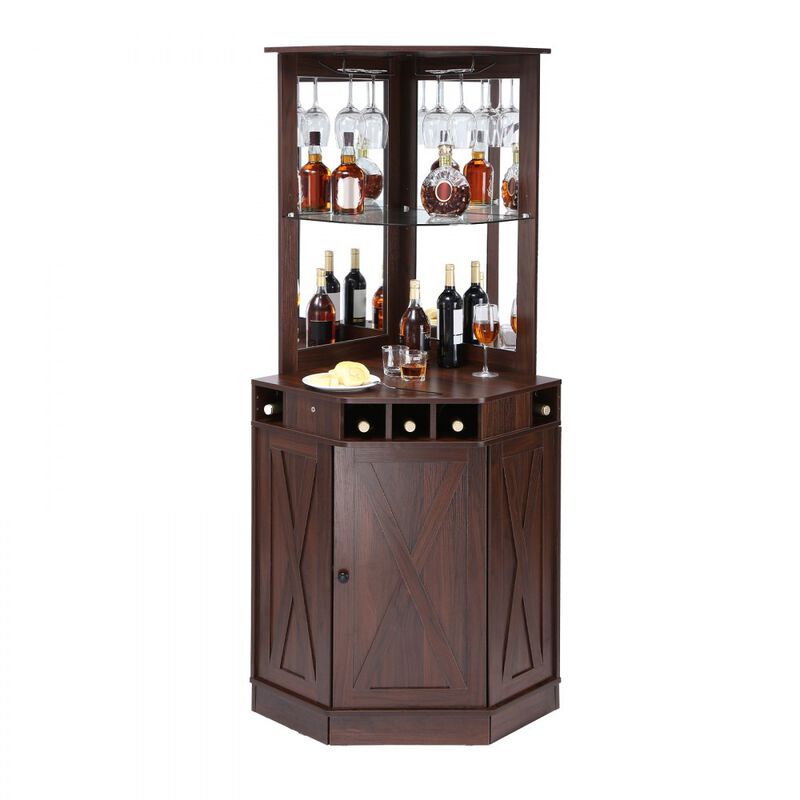 Corner Industrial Bar Cabinet with Wine Rack, Glass Holder and Storage Shelves