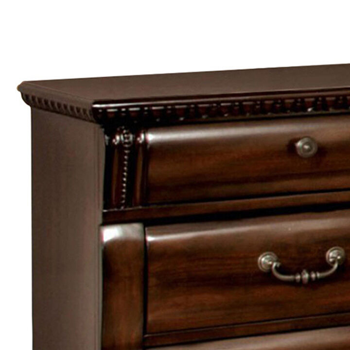 28 Inch Bedside Nightstand, 3 Drawers with Pewter Handles, Classic Dark Cherry Brown Solid Wood-Benzara