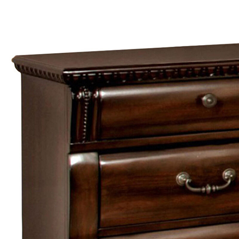 28 Inch Bedside Nightstand, 3 Drawers with Pewter Handles, Classic Dark Cherry Brown Solid Wood-Benzara