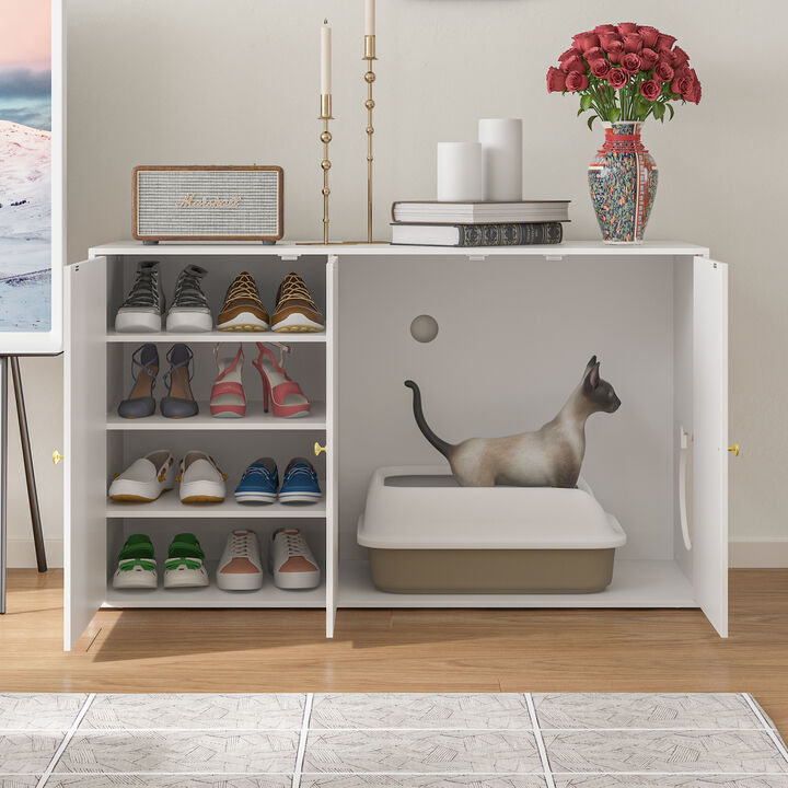 Litter Box Enclosure, Cat House Side Table with Shoe Rack, Cat Litter Box Furniture Hidden, White