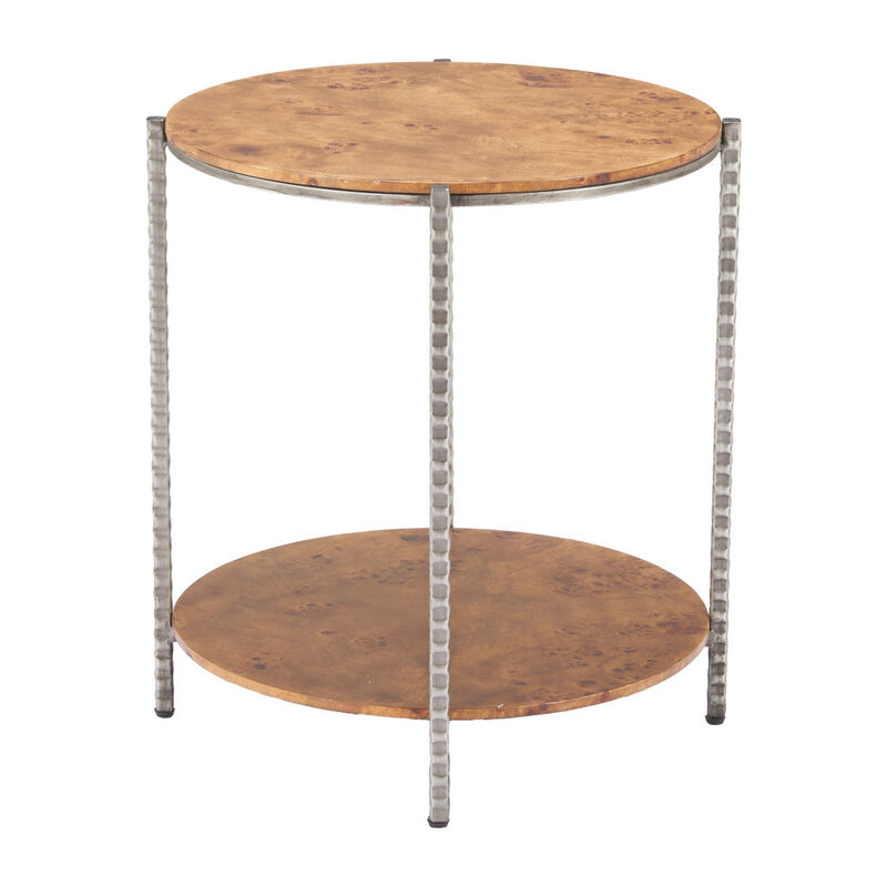 HomeRoots 22" Natural and Silver Wood and Steel Round End Table With Shelf image number 2
