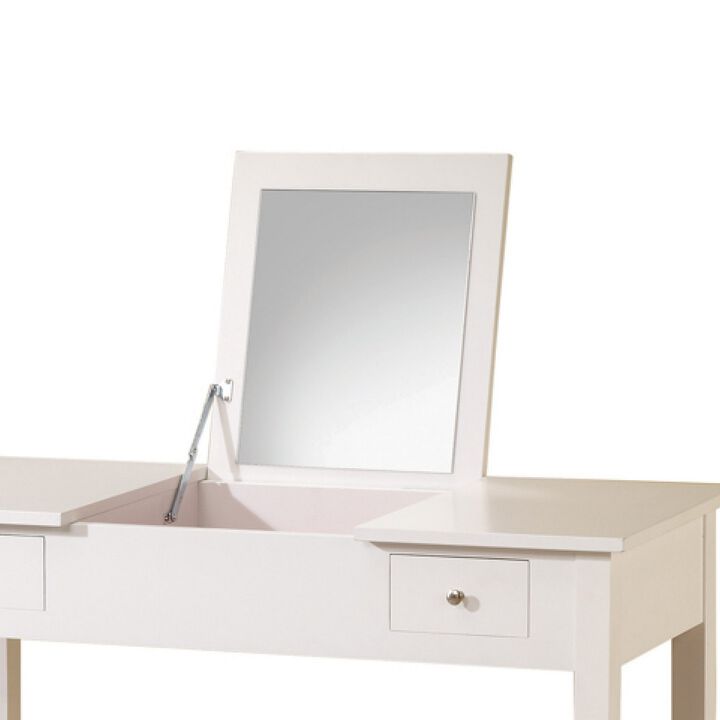 Contemporary Lift Top Vanity with Upholstered Stool, 2 Piece, White - Benzara