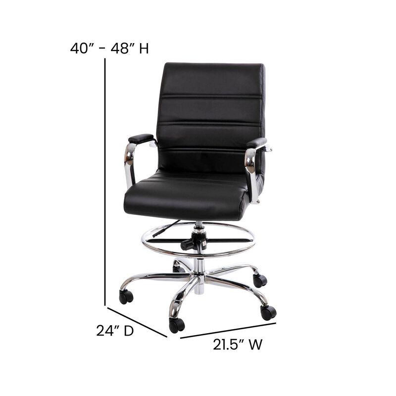 Flash Furniture Whitney Adjustable Height Drafting Chair - Contemporary Mid-Back Black LeatherSoft Drafting Stool Chair - Adjustable Foot Ring & Chrome Base