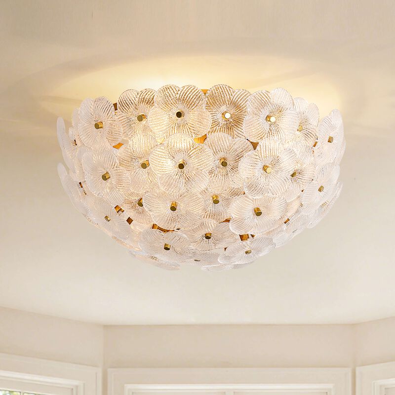 Aika 3-Light 15" Clear Glass Floral Flush Mount - Medium‑gloss Brushed Brass image number 7