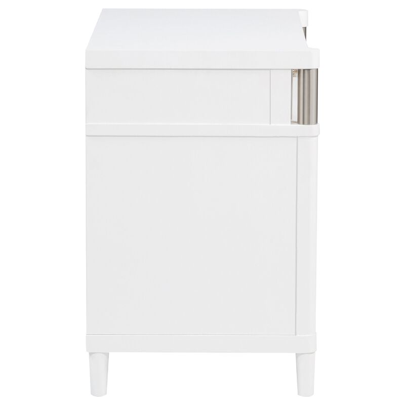 Ruvie Nightstand with 3 Drawers, Metal Post Accent, White Wood 26 Inch image number 6