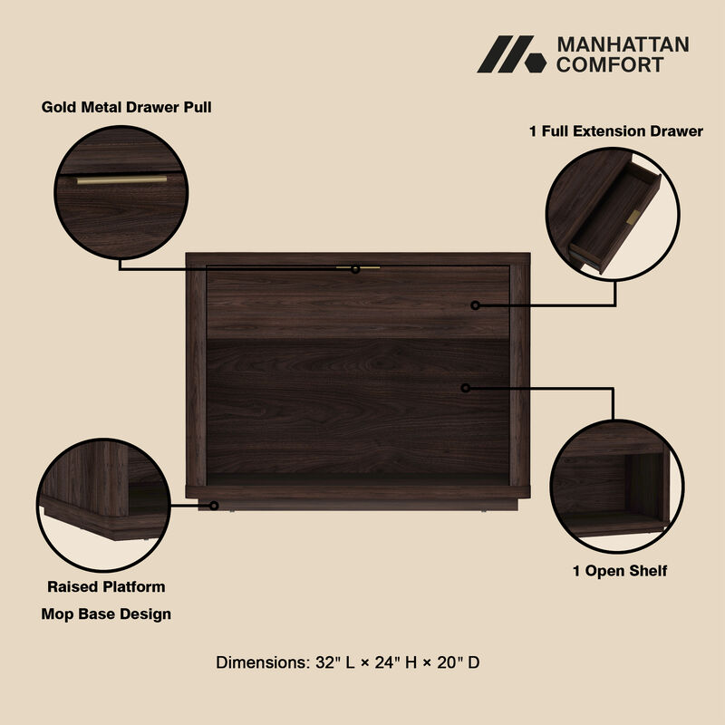 Evelyn Wide 1-Drawer Nightstands in Brown (Set of 2)