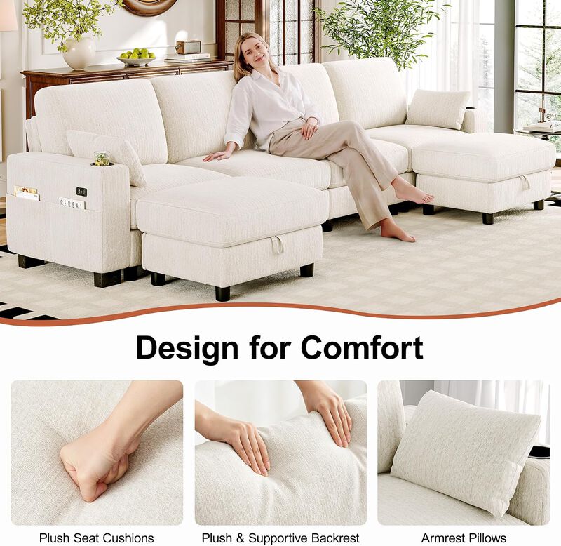 Vipbear 128" Modular Sectional Sofa, Chenille U Shaped Cloud Couch with Ottoman Adjustable Backrest image number 2