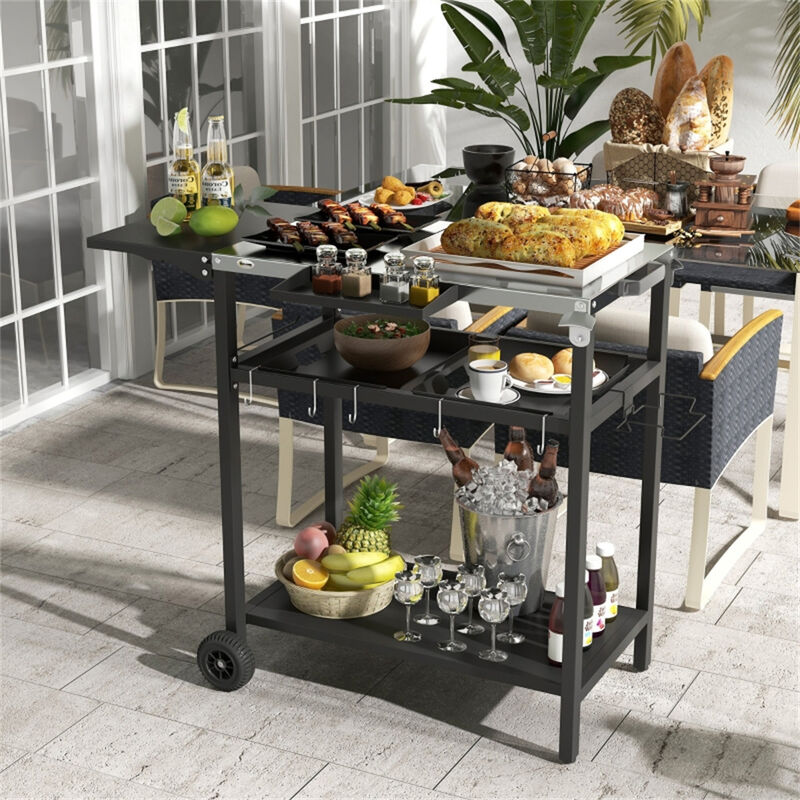 Rolling Wicker Grill Cart for Patio &ndash; Outdoor Kitchen Island with Storage and Extended Table image number 1