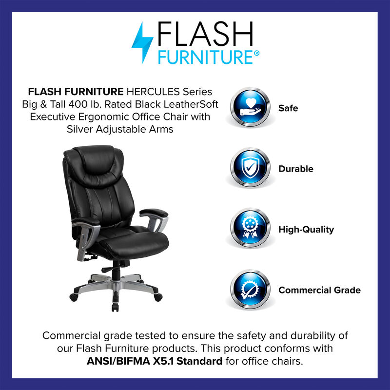 HERCULES Series Big & Tall 400 lb. Rated Black Fabric Executive Ergonomic Office Chair with Silver Adjustable Arms image number 3