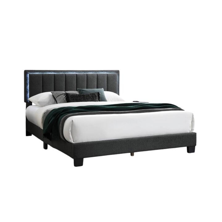 Zemo Queen Size Bed, LED Headboard, Charcoal Gray Wool Upholstery  - Benzara